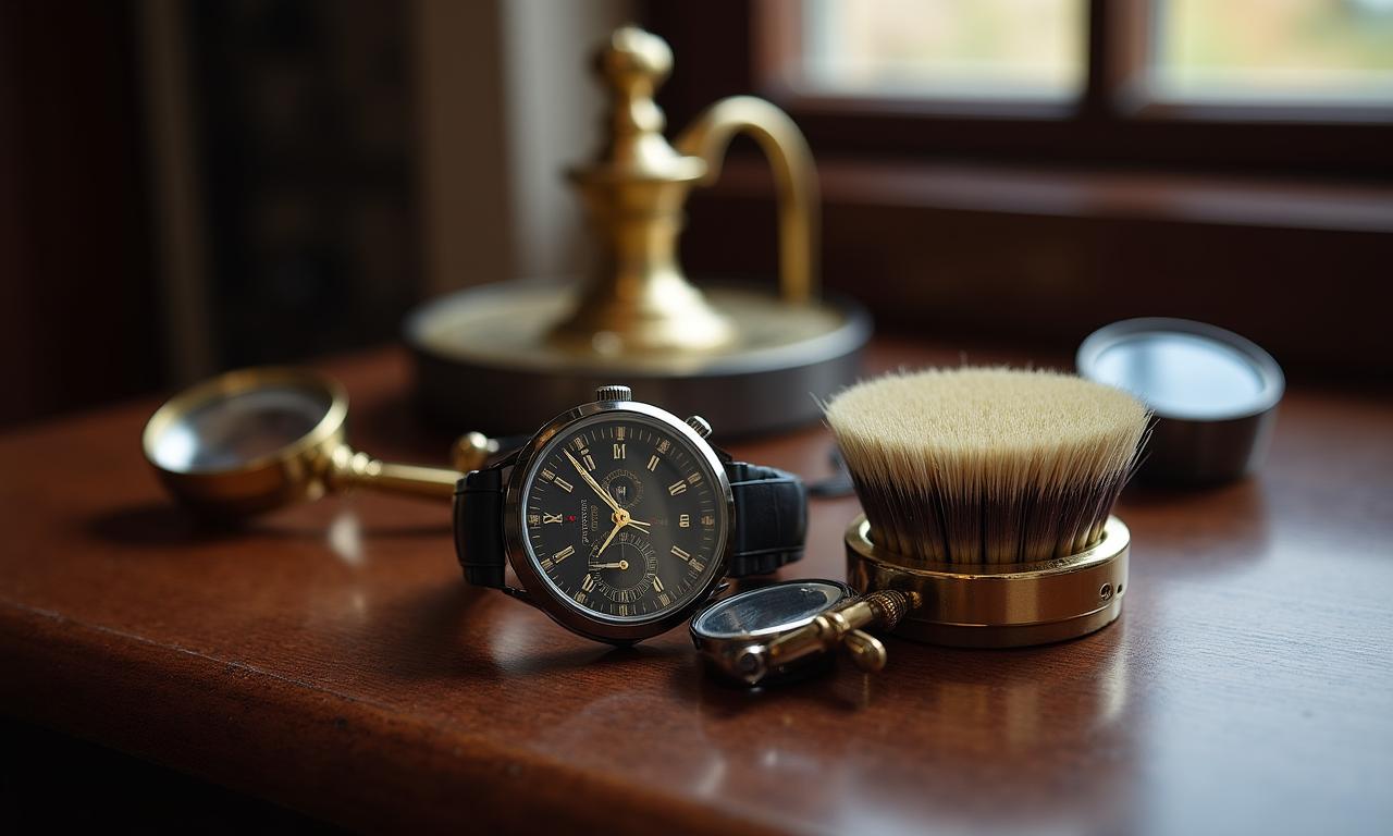 Close up of a vintage watch and magnifying glass on a wooden desk