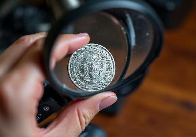 Numismatic coins under a magnifying glass