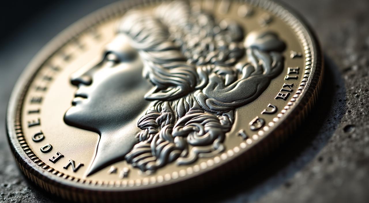 Macro shot of a high-grade vintage silver dollar showing intricate detail