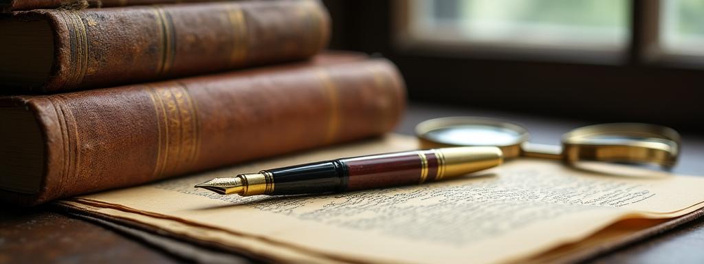 Stacked vintage books and an antique fountain pen
